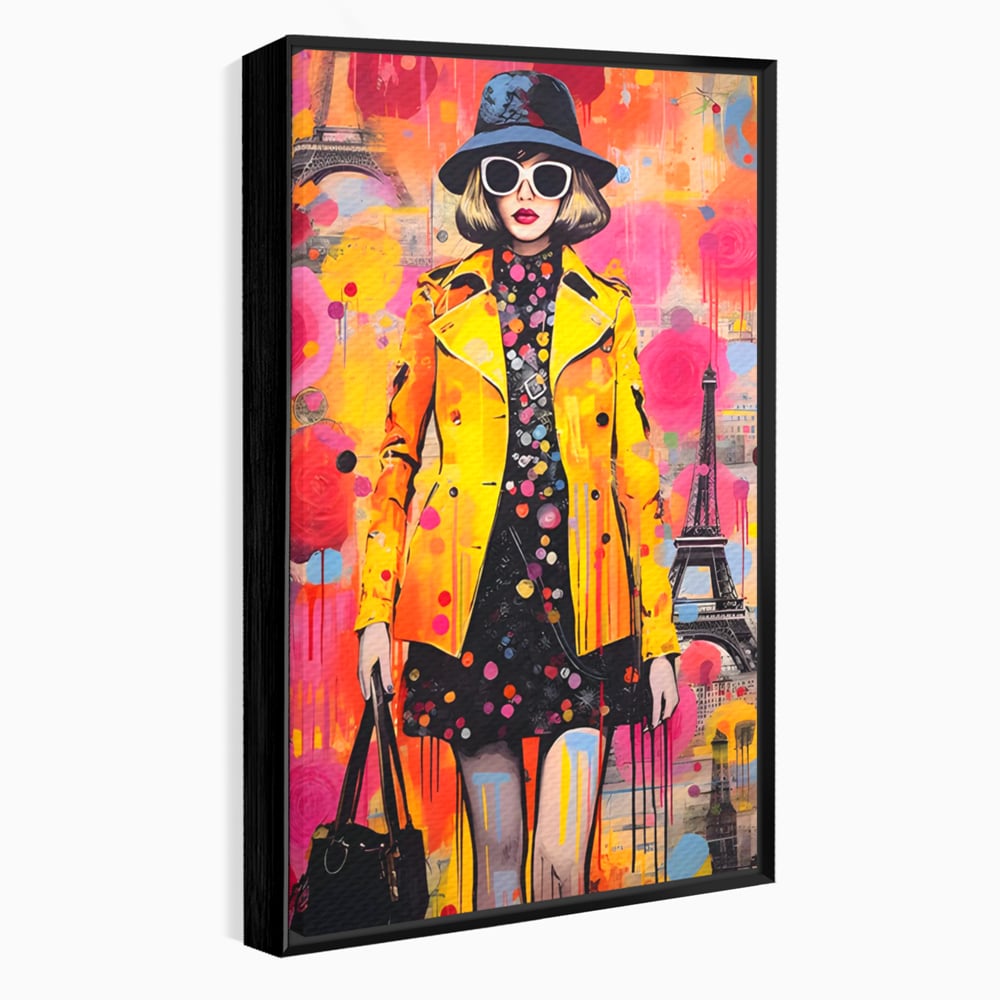 Tablou canvas cu tablou canvas cu ilustratie fashionista, in rama de aluminiu negru